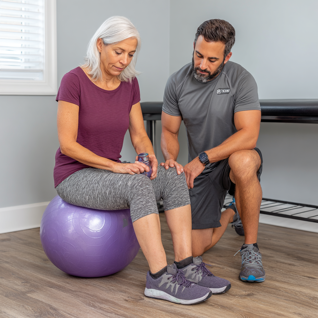 Femeie în vârstă de 58 de ani lucrând cu antrenorul personal pe un program individualizat de exerciții de mobilitate și forță