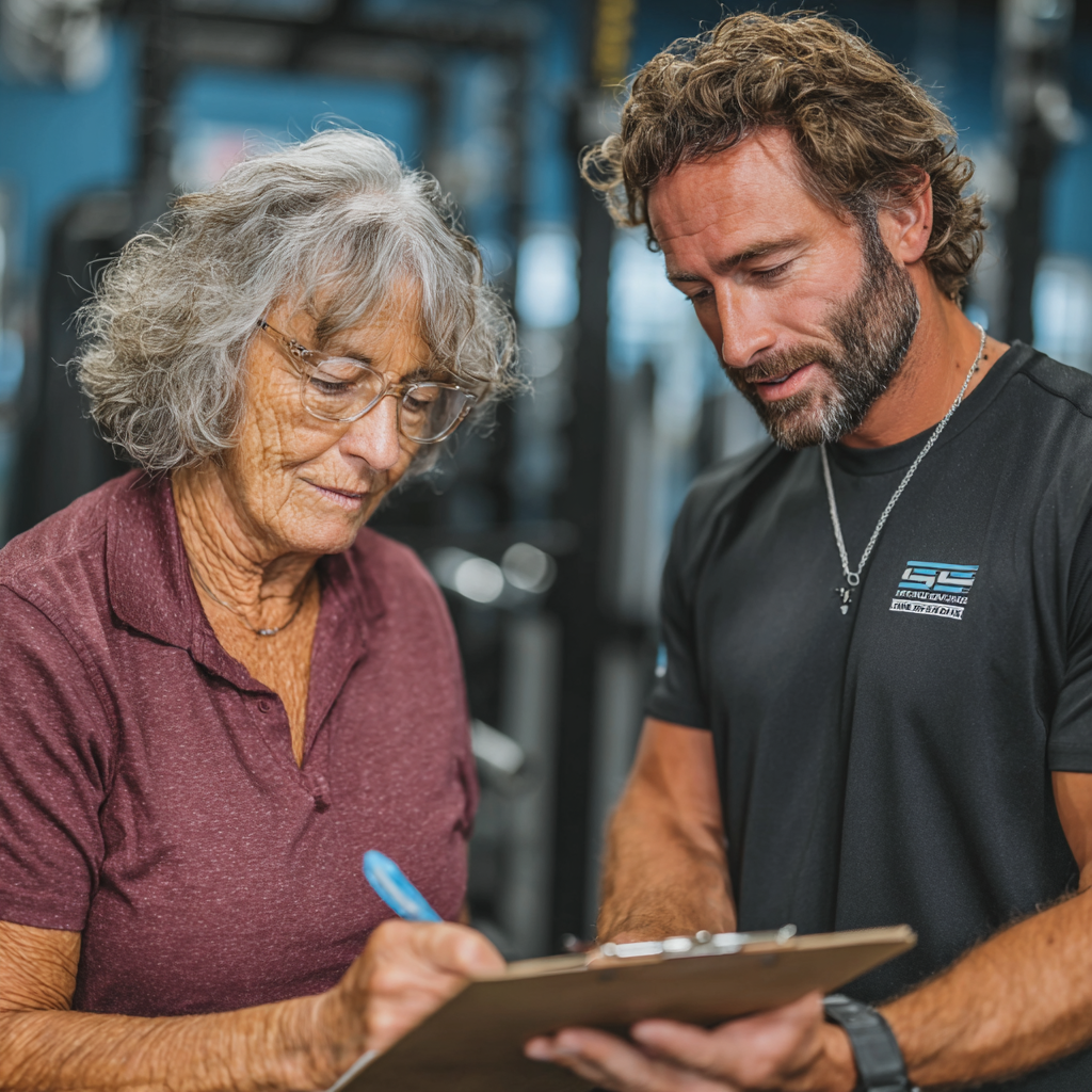 Consultare între antrenor personal și client în vârstă de 52 de ani în facilitatea pelmadrisk, discutând planul de antrenament personalizat