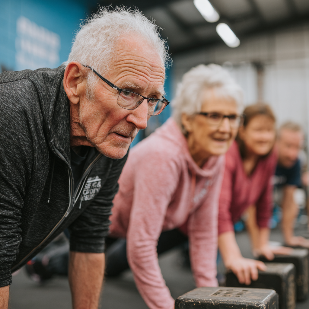 Grup de seniori în vârstă de 50-60 de ani participând la o ședință de antrenament de grup în sala pelmadrisk, îndrumați de antrenor